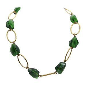 ANNA & AVA Green Faceted Bead Gold Tone Open Link Necklace Statement Chunky NWT